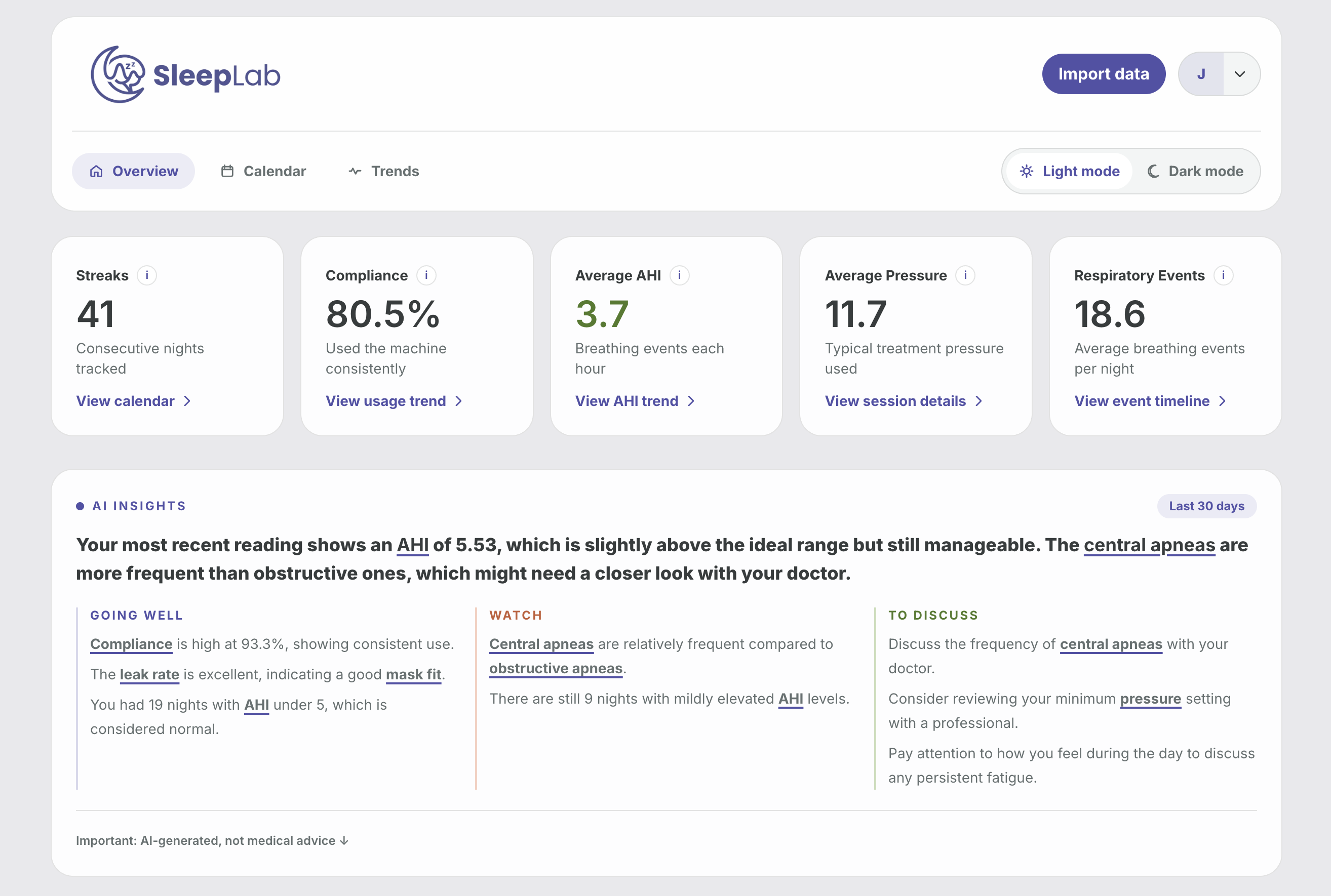 SleepLab dashboard screenshot 1
